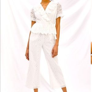 Anthropologie Eli + Ari White Ruffled Eyelet Jumpsuit Sz M
